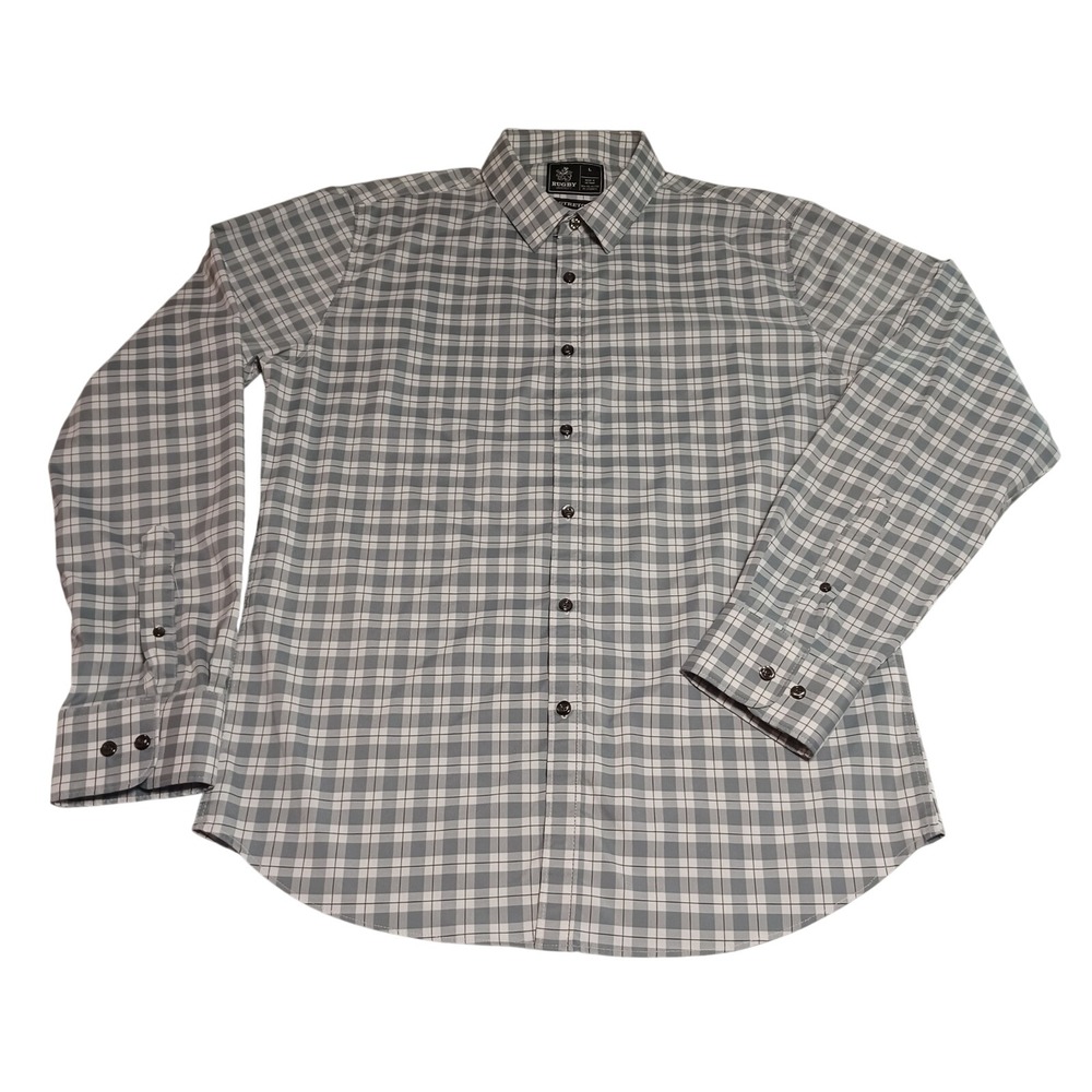 Rugby University Mens Large Grey White Plaid Stretch Long Sleeve Button Down